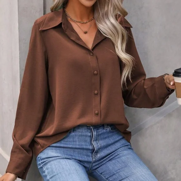 New brown button down long sleeve top - Picture 5 of 5